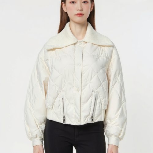 Women’s Short Down Jacket with Knit Collar & Zipper Hem – 50% White Duck Down