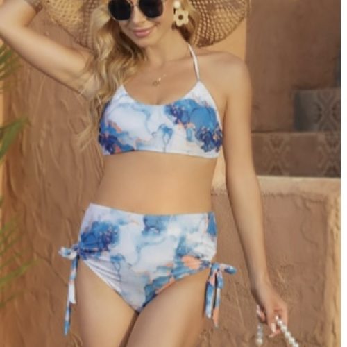 Blue Watercolor Printed Tie Side Maternity Bikini | Chic Resort Beachwear