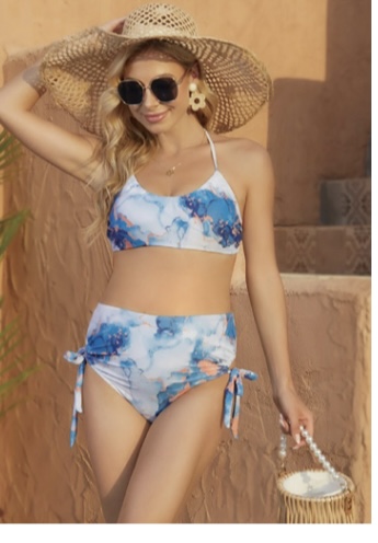 Blue Watercolor Printed Tie Side Maternity Bikini | Chic Resort Beachwear