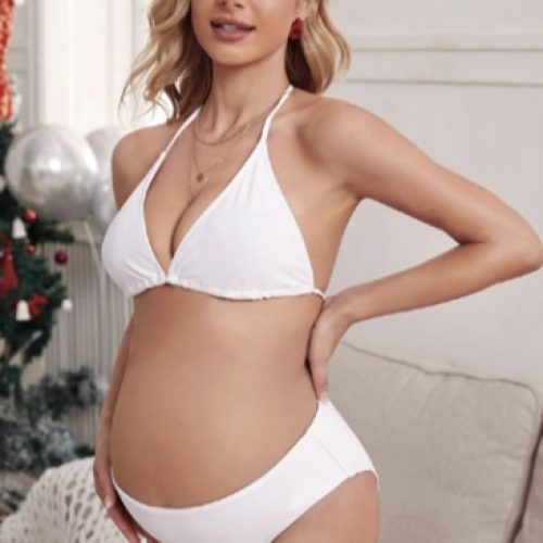White Triangle Maternity Bikini Set | Elegant Luxury Swimwear for Babymoon