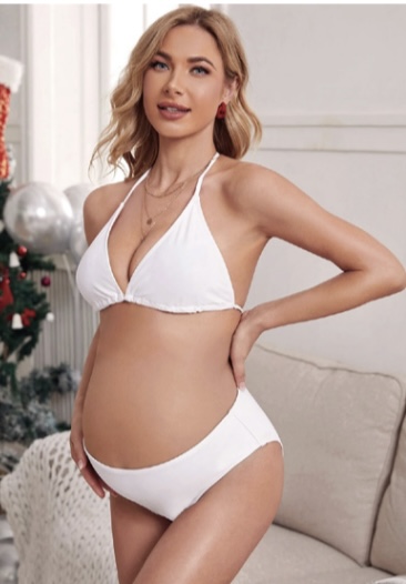 White Triangle Maternity Bikini Set | Elegant Luxury Swimwear for Babymoon
