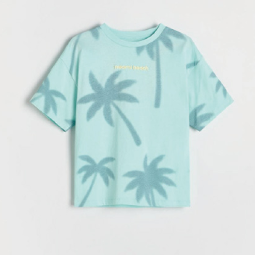 Palm Tree Print T-Shirt | Mint Green Tropical Graphic Tee | All-Over Leaf Pattern Summer Top | Unisex Cotton Casual Shirt | Beach Vacation Streetwear | Relaxed Fit Crew Neck
