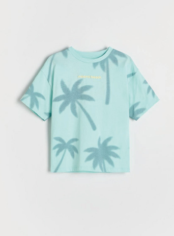 Palm Tree Print T-Shirt | Mint Green Tropical Graphic Tee | All-Over Leaf Pattern Summer Top | Unisex Cotton Casual Shirt | Beach Vacation Streetwear | Relaxed Fit Crew Neck