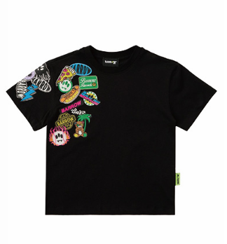 Cartoon Patch Graphic T-Shirt | Black Sticker Bomb Print Tee | Multi-Character Collage Streetwear | Unisex Cotton Casual Top | Pop Art Summer Shirt | Bold Graphic Daily Wear